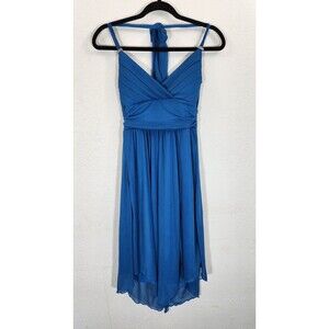 Trixxi Dress Medium Teal Blue Halter Rhinestone Handkerchief Hem Y2K Prom Fairy